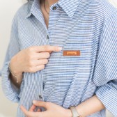 大尺碼橫豎條口袋皮標長版襯衫(藍色)
