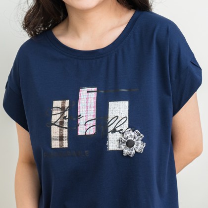 大尺碼3塊燙圖袖造型T恤(藍色)