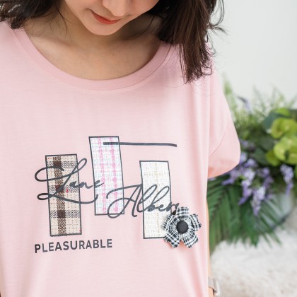 大尺碼3塊燙圖袖造型T恤(粉色)