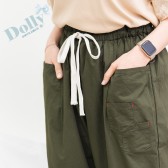 大尺碼口袋壓紅線抽繩8分寬褲(綠色)