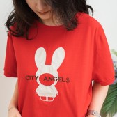 大尺碼銹兔子耳朵圖竹節棉T恤(紅色)