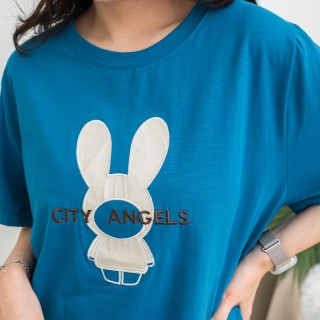 大尺碼銹兔子耳朵圖竹節棉T恤(藍色)