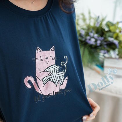 大尺碼貓咪毛線圖冰棉T恤(藍色)