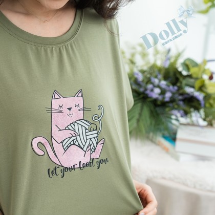 大尺碼貓咪毛線圖冰棉T恤(綠色)