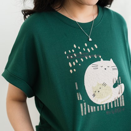 大尺碼單側抓皺取暖貓T恤(綠色)