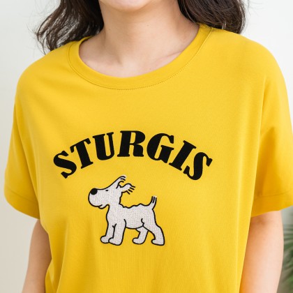 大尺碼可愛狗狗左下擺造型反折袖棉質T恤(黃色)
