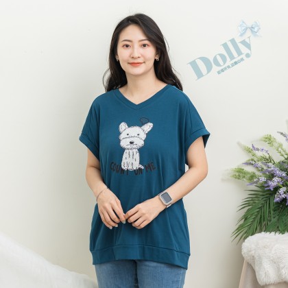 大尺碼V領可愛狗狗反折袖棉質T恤(牛藍色)