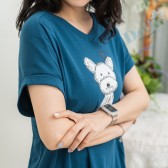 大尺碼V領可愛狗狗反折袖棉質T恤(牛藍色)