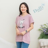大尺碼V領可愛狗狗反折袖棉質T恤(粉紫色)