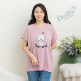 大尺碼V領可愛狗狗反折袖棉質T恤(粉紫色)