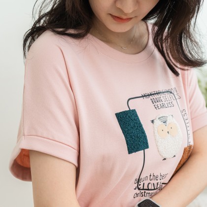 大尺碼貓頭鷹方框棉T恤(粉色)