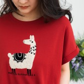 大尺碼可愛草泥馬下擺造型反折袖棉質T恤(紅色)